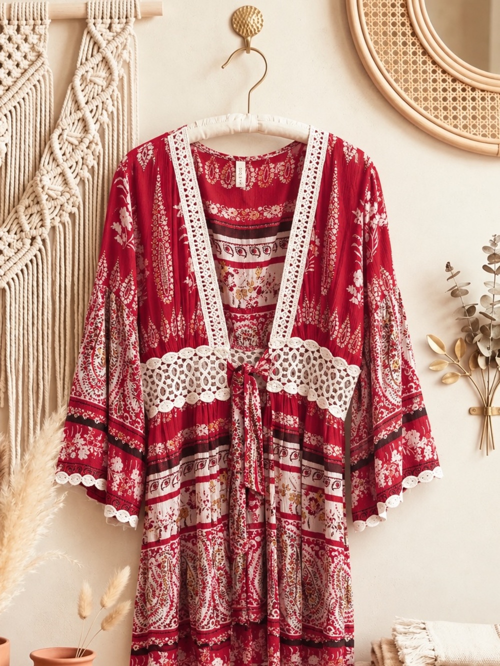 RAGA Red Bohemian Floral Kimono with Crochet Trim